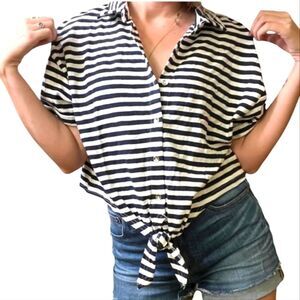 Splendid Top Button Down Boxy Striped Tie Front Navy Blue White Slouchy Cotton S